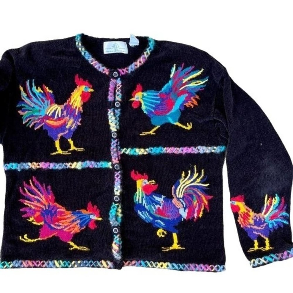 Design Options Philip Jane Gordon Cardigan Rainbow Rooster Wearable Art Large